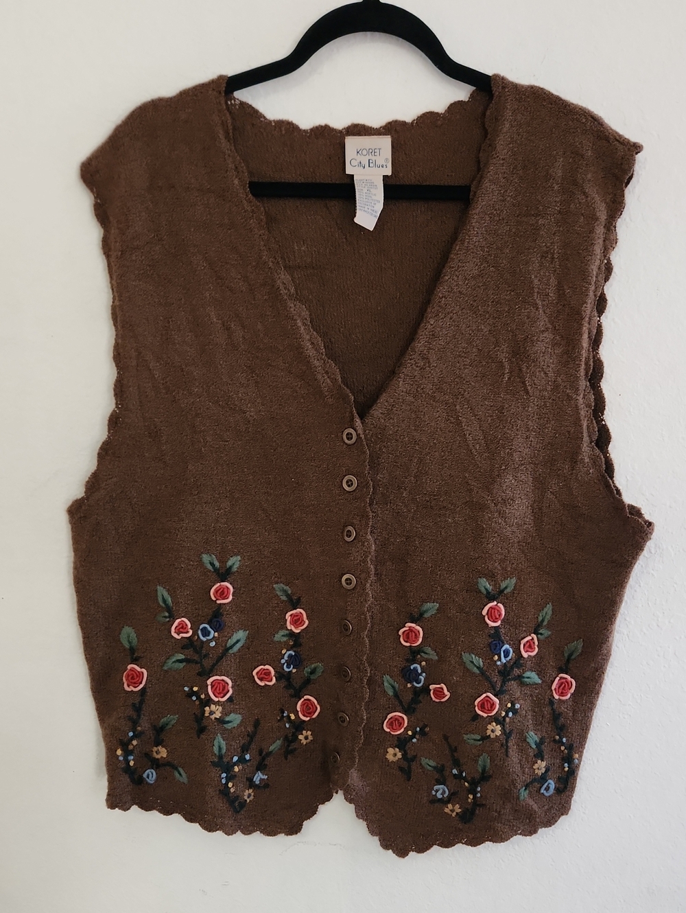 Vintage 90s Floral Embroidered Sweater Vest Brown XL Cottagecore Grandmacore